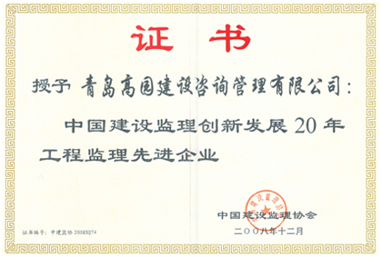 2008创新发展20年先进荣誉证书